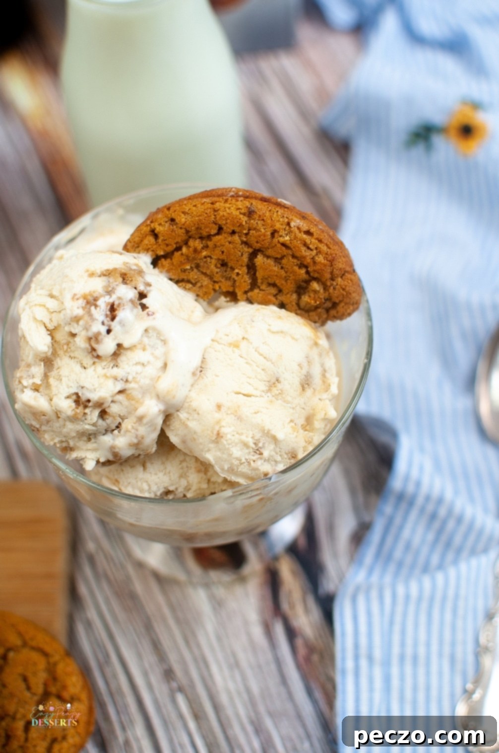 A close-up shot of the oatmeal cream pie ice cream recipe, with a focus on the smooth, creamy texture and visible cookie pieces.