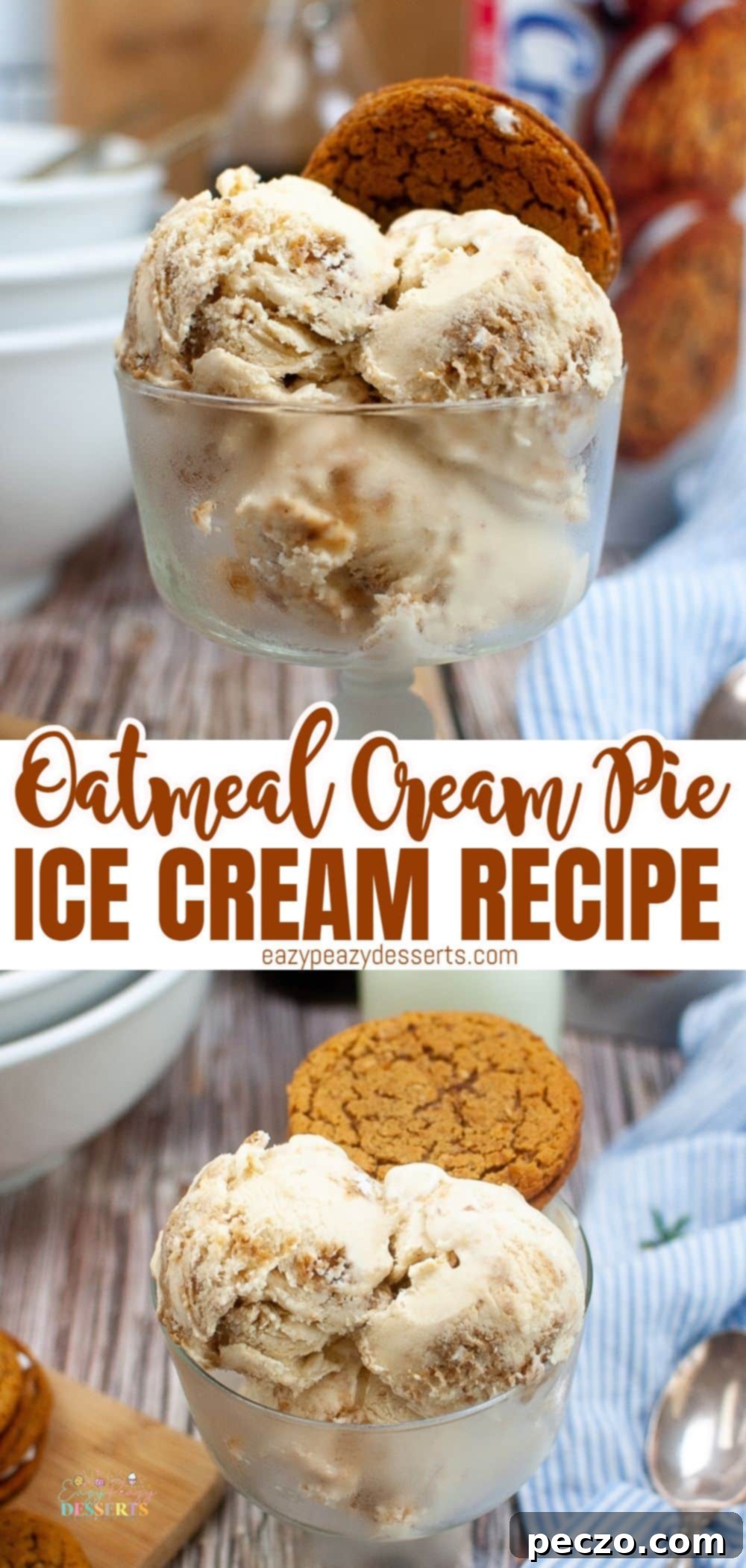 A few scoops of Oatmeal cream pie ice cream in ice cream bowls, ready to be served.