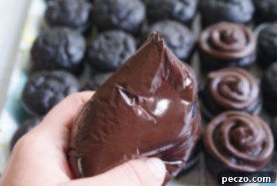 Ziplock bag filled with chocolate frosting, ready for piping