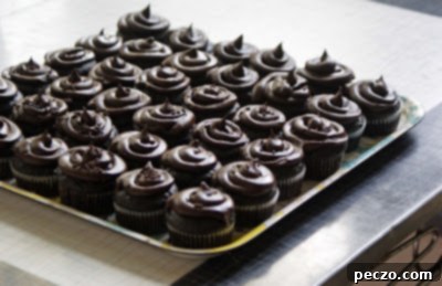Full tray of mini chocolate cupcakes, ready to be served