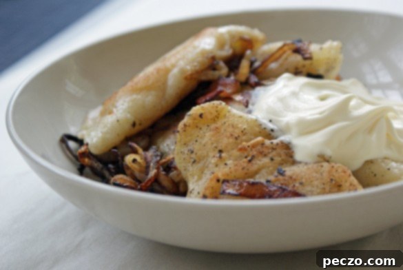 A generous plate of freshly made, golden-brown homemade Ukrainian perogies, garnished with crispy bacon and caramelized onions, a true comfort food masterpiece.