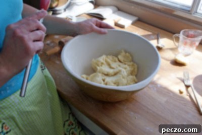 A close-up of perfectly prepared perogy dough, smooth and elastic, resting on a floured surface, signalling its readiness for rolling and filling.