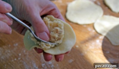 Two pairs of hands, one adult and one child, working together to fill and shape perogies, symbolizing shared tradition and culinary learning.